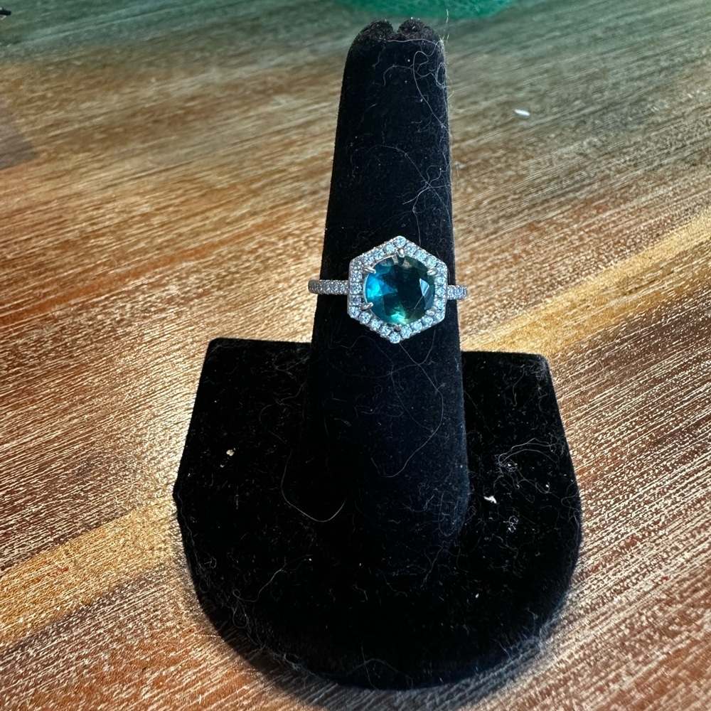 Blue and Silver Geometric Ring with Hexagonal Stone Bomb Party size 7